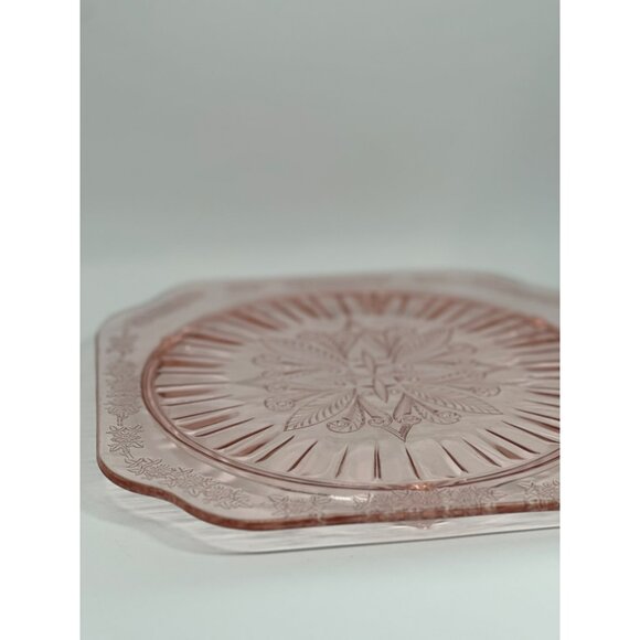 VTG Jeannette Glass Co. Adam Pink Footed Cake Plate Depression Floral Etching - Picture 6 of 9